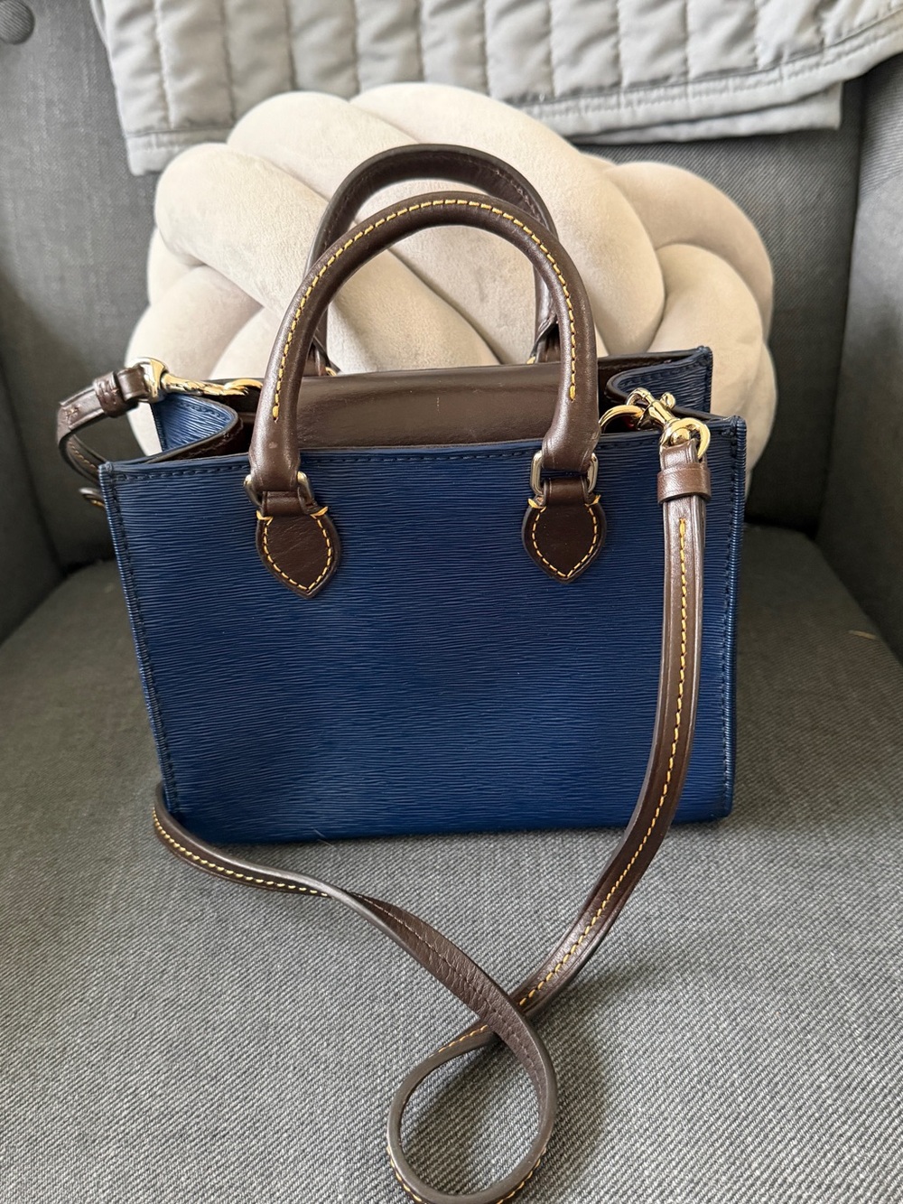 Dooney & Bourke Navy Blue Mini Saffiano Satchel with Brown Trim - Picture 2 of 6